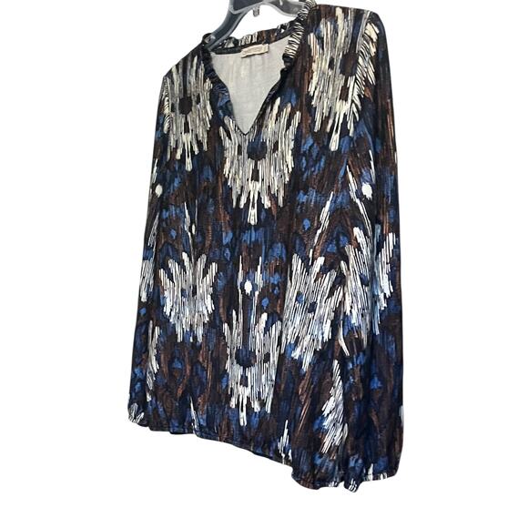 DREAMSTAR LONG SLEEVE V-NECK TOP, WOMENS, XL, NAVY BLUE BROWN WHITE ABSTRACT - Picture 4 of 11